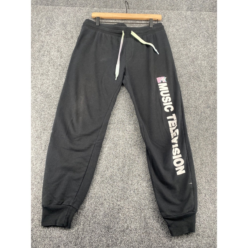 MTV Music Television Graphic Sweatpants Mens Large Black Joggers Retro Logo Pant